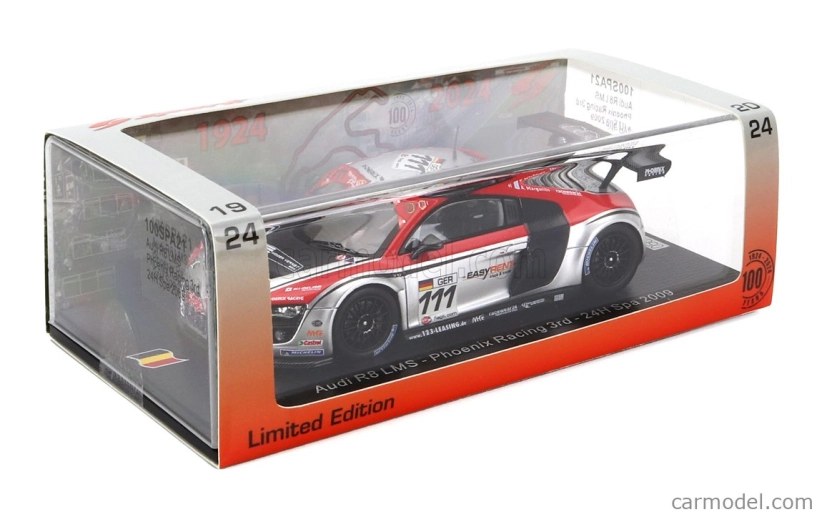 Spark-model Audi R8 Lms Team Phoenix Racing N 111 24h Spa 2009 Henri Moser - Marcel Fassler - Alex Margaritis - Marc Basseng 1:43 Silver Red