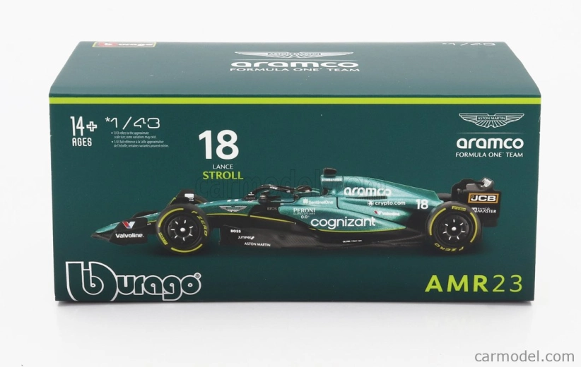 Bburago Aston martin F1 Amr23 Team Aramco Cognizant N 18 Season 2023 Lance Stroll – With Pilot And Showcase 1:43 zelená