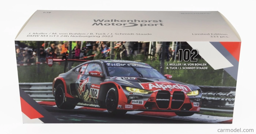 Minichamps BMW radu 4 M4 Gt3 Team Walkenhorst Motorsport N 102 24h Nurburgring 2022 Jorg Muller - Mario Von Bohlen - Ben Tuck - Jorn Schmidt Staade 1:18 Sivá oranžová