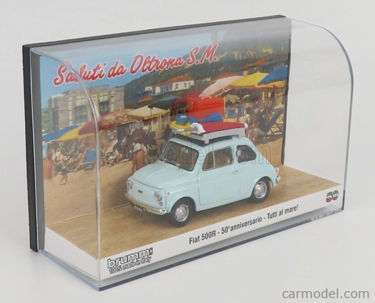 Brumm prom Fiat 500r 1972 - Tutti Al Mare - Saluti Da Oltrona S.m. 1:43, světle modrá