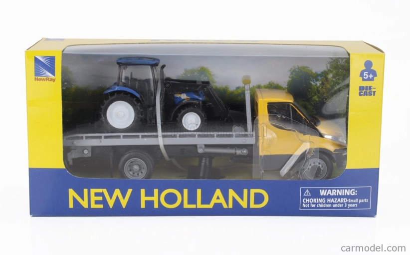 Newray Iveco fiat Daily Roll-off Pianale 2023 With New Holland T6.175 Tractor 1:36 Žlutá Modrá Černá