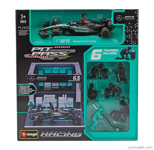 Bburago Mercedes gp F1 W14 Eq Performance Diorama Garage Pit-stop Team Amg Petronas Motorsport N 63 Season 2023 George Russell With Crew Figure And Accessories 1:43 Černá Stříbrná Zelená
