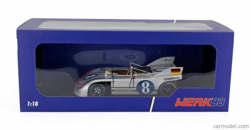 Werk83 Porsche 908/03 Spider Team Martini Racing N 8 Targa Florio 1971 Vic Elford - Gerard Larrousse 1:18 Stříbrná Modrá