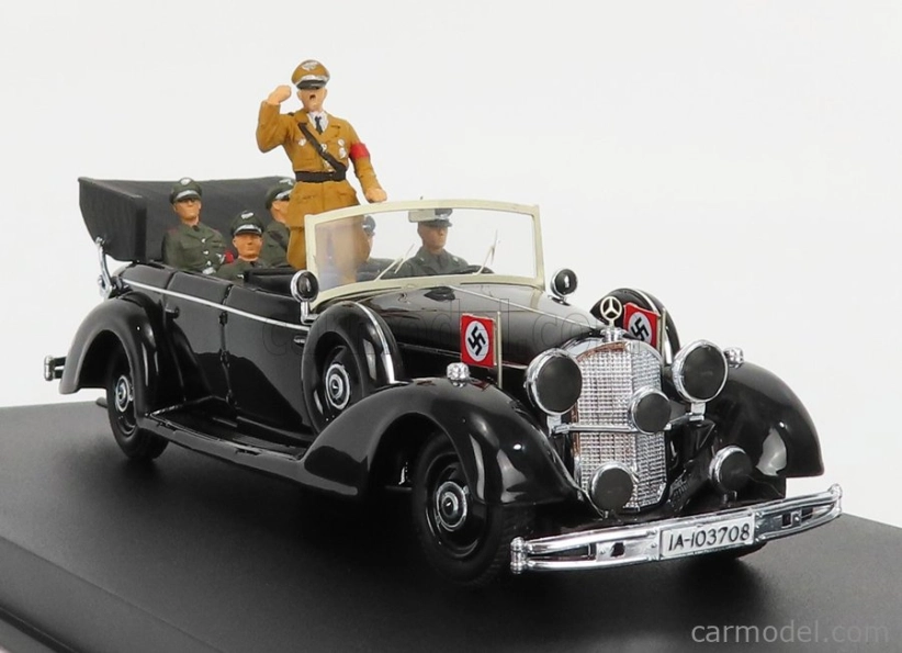 Rio-models Mercedes benz 770k Parade Cabriolet Open 1938 With Figures Adolf Hitler - Hermann Göring - Heinrich Himmler - Reinard Heydrich - Joseph Goebbels - Ss Driver Erich Kempka 1:43 Military Black