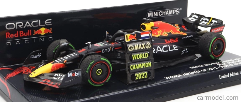 Minichamps Red bull F1 Rb18 Team Oracle Red Bull Racing N 1 World Champion Winner Japan Gp With Pit Board 2022 Max Verstappen 1:43 Matná modrá žltá červená