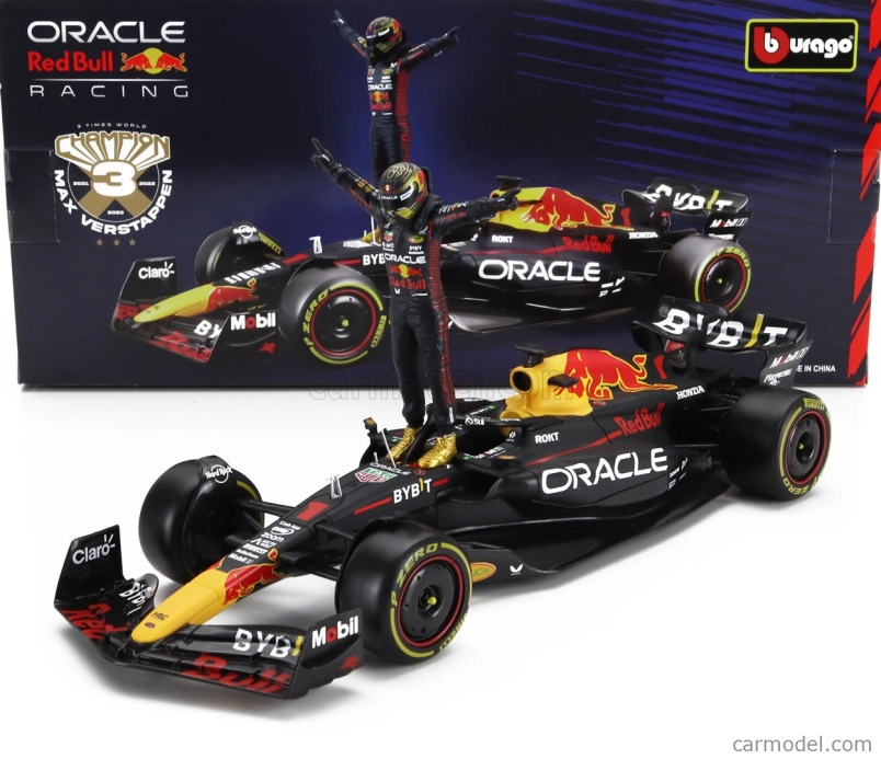 ROZBALENO-Bburago Red bull F1 Rb19 Team Oracle Red Bull Racing N 1 World Champion Season 2023 Max Verstappen 1:24 Matná Modrá Žlutá Červená