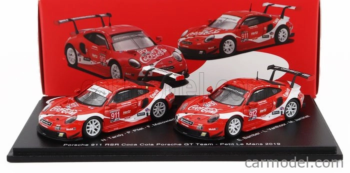Spark-model Porsche 911 991 Rsr Team Porsche Gt Coca-cola N 911 Petit Le Mans 2019 P.pilet - N.tandy - F.makowiecki + N 912 Petit Le Mans 2018 E.bamber - L.vanthoor - M.jaminet 1:64 červená biela