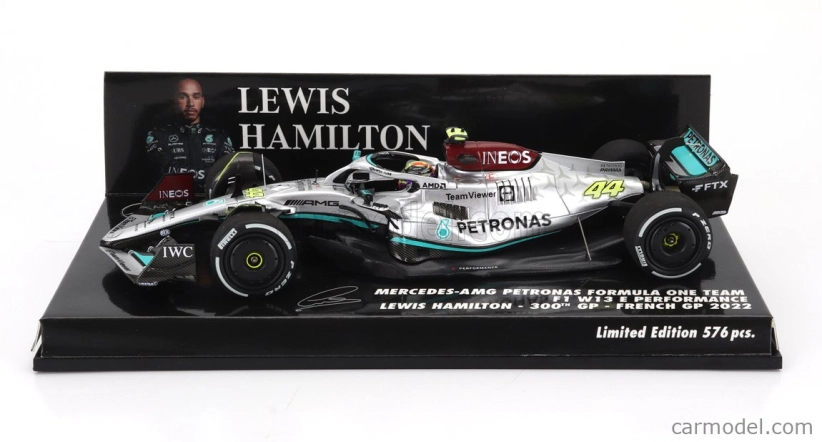 Minichamps Mercedes gp F1 W13e Team Mercedes-amg Petronas F1 N 44 (300th F1 Grand Prix) 2nd France Gp 2022 Lewis Hamilton 1:43 Stříbrná Zelená