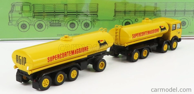 Brekina plast Fiat 691 Millepiedi Tanker Truck Agip Supercortemaggiore 1961 1:87 Žlutá Černá