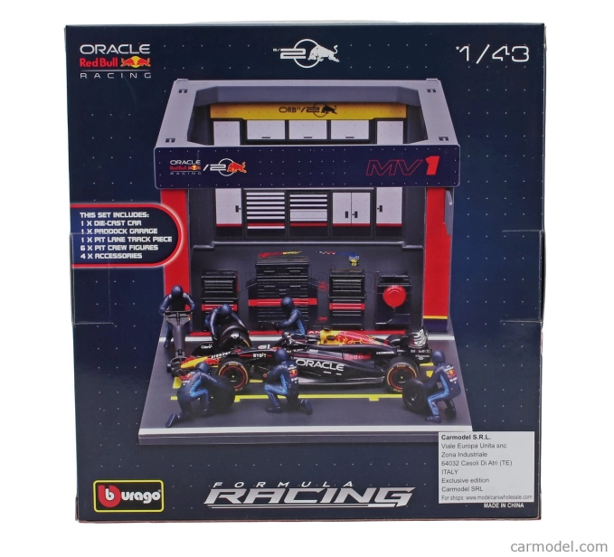 Bburago Red bull F1 Rb19 Diorama Garage Pit-stop Team Oracle Red Bull Racing N 1 World Champion Season 2023 Max Verstappen With Crew Figure And Accessories 1:43 Modrá Žlutá Červená