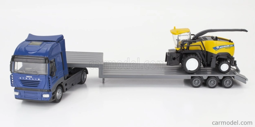 Newray Iveco fiat Stralis 540 Truck Pianale 2009 With New Holland Fr920 Mietitrebbia Gommata Harvester 1:43 Modrá Žlutá Černá