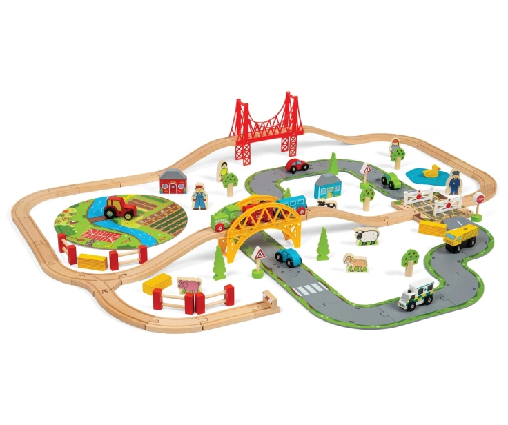 Bigjigs Rail Drevená vláčiková dráha s vidieckou cestou 80 kusov poškodené balenie