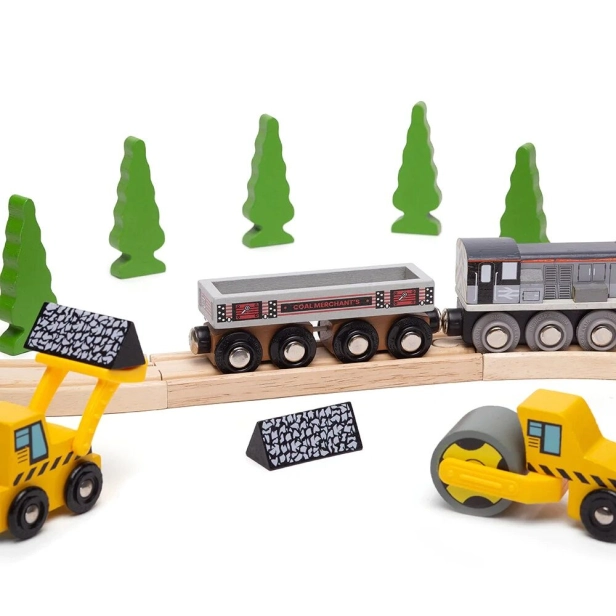 Bigjigs Rail Dlouhý vagónek s uhlím + 2 koleje