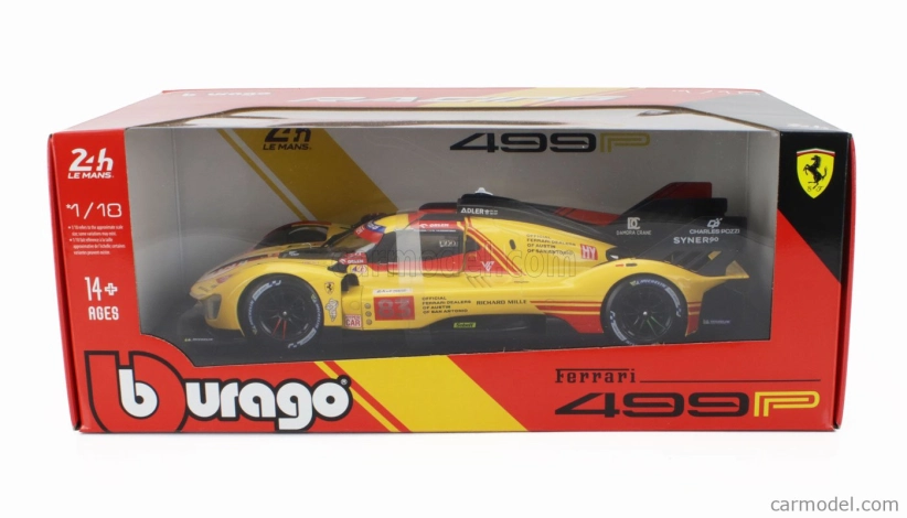 Bburago Ferrari 499p 3.0l Turbo V6 Team Af Corse N 83 24h Le Mans 2024 Robert Kubica – Robert Shwartzman – Yifei Ye 1:18 žltá červená