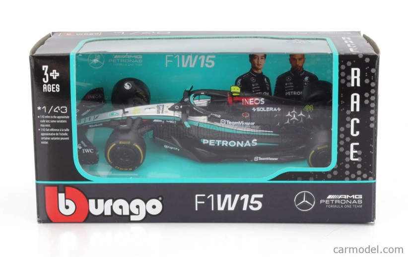 Bburago Mercedes gp F1 W15 Eq Performance Team Amg Petronas Motorsport N 44 Season 2024 Lewis Hamilton 1:43 čierna strieborná zelená