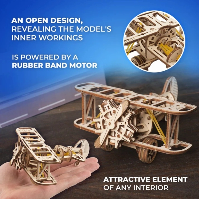Ugears 3D dřevěná mechanická skládačka Mini dvojplošník