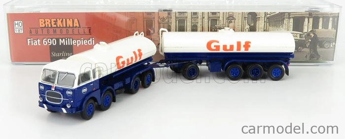 Brekina plast Fiat 690 Millepiedi Tanker Truck Gulf 1960 1:87 Modrá biela