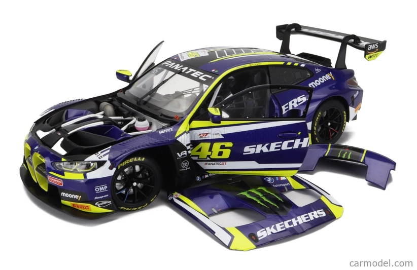 Minichamps BMW radu 4 M4 Gt3 Team Wrt N 46 Víťaz Gtwce Gt World Challenge Europe Sprint Cup Misano Taliansko 2023 - Valentino Rossi - Maxime Martin 1:18 Fialová Žltá Čierna