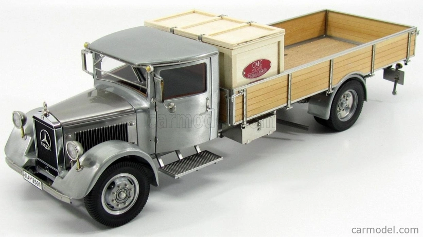Cmc Mercedes Benz Lo2750 plošinový nákladný automobil s dreveným boxom Car Transporter 1936 1:18 sivé drevo