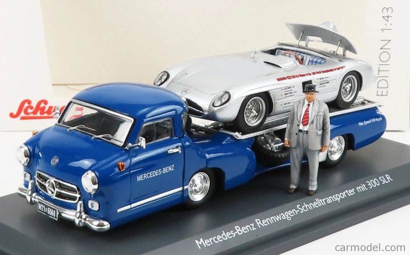 Schuco Mercedes benz Racing Car Transporter Truck Rennwagen 1955 With 300 Slr Spider 1:43 Modrá Stříbrná