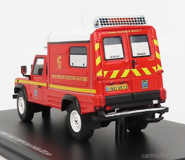 Alarme Land rover Defender 130 Pick-up Closed Vsab Tt Bmpm Sapeurs Pompiers Vehicule De Secours Et D'assistance Aux Victimes 1986 1:43 Red White