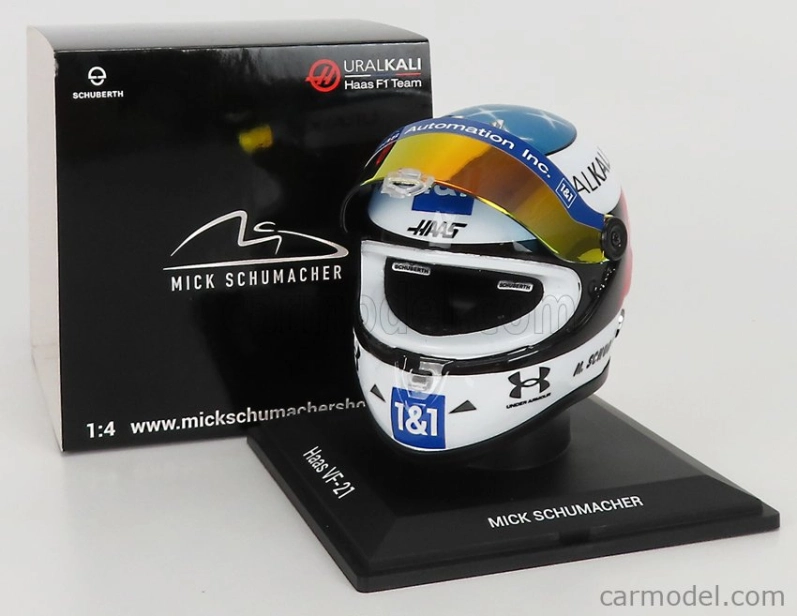 Mini prilba Schuberth prilba F1 Casco Prilba Team Haas Vf-21 Belgian Gp Spa 2021 Mick Schumacher 1:4 Biela modrá červená žltá