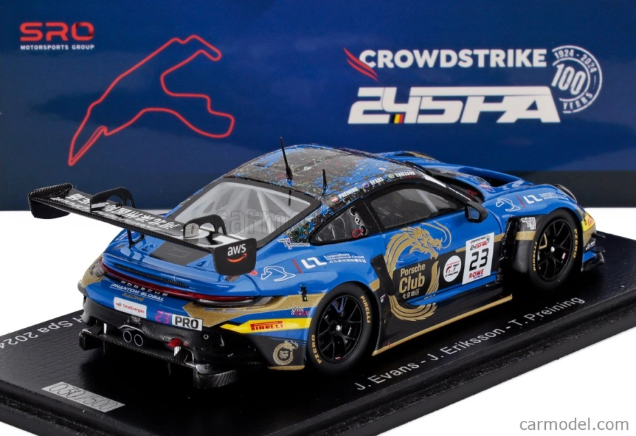 Spark-model Porsche 911 992 Gt3 R 4.2l Team Phantom Global Racing N 23 24h Spa 2024 Jaxon Evans - Joel Eriksson - Thomas Preining 1:43 Modrá