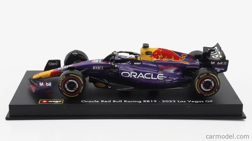 Bburago Red bull F1 Rb19 Team Oracle Red Bull Racing N 1 Víťaz majstrovstiev sveta Las Vegas Usa Gp 2023 Max Verstappen - s pilotom a vitrínou 1:43 Purple Yellow Red