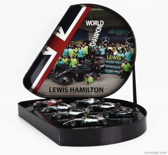 Minichamps Mercedes gp F1  Set 7x Lewis Hamilton World Champion - Mclaren Mp4/23 N 22 2008 - W05 Amg Petronas N 44 2014 - W06 Amg Petronas N 44 2015 - W08 N 44 2017 - W09 N 44 2018 - W10 N 44 2019 - W11 N 44 2020 1:43 Stříbrná Černá