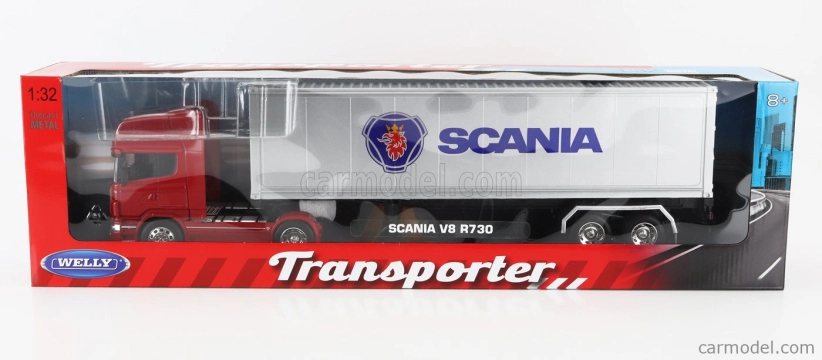 Welly Scania R730 V8 Truck Cassonato 2015 1:32 Červená strieborná