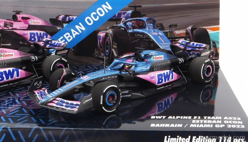 Minichamps Renault Set 2x F1 A523 Team Bwt Alpine N 31 8th Miami Gp 2023 + N 31 Bahrain Gp 2023 Esteban Ocon 1:43 Modrá čierna ružová
