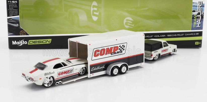 Maisto Chevrolet Blazer K5 1979 With Trailer Car Transporter + Camaro Z/28 Coupe Racing Comp Cams 1968 1:64 Bílá Černá