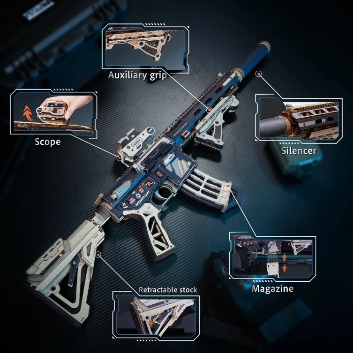 RoboTime 3D dřevěná skládačka Puška na vystřelování gumiček M416 Carbine