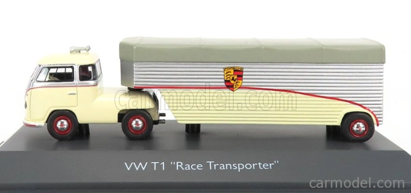 Schuco Volkswagen T1b Continental Motors Porsche Car Transporter 1962 1:64 Krémově Šedá Stříbrná