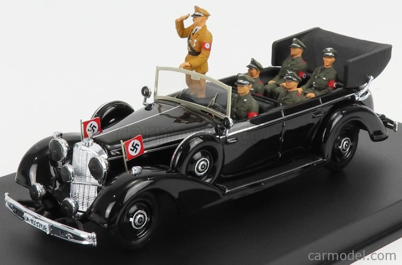 Rio-models Mercedes benz 770k Parade Cabriolet Open 1938 With Figures Adolf Hitler - Hermann Göring - Heinrich Himmler - Reinard Heydrich - Joseph Goebbels - Ss Driver Erich Kempka 1:43 Military Black