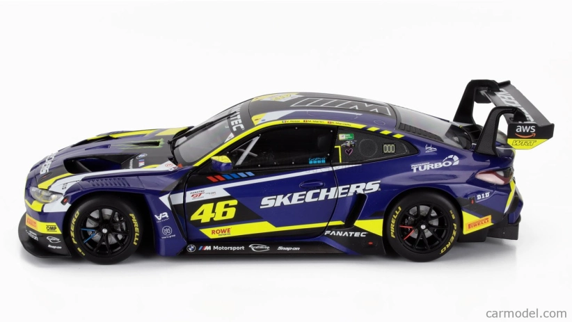 Minichamps BMW radu 4 M4 Gt3 Team Wrt N 46 4h Le Castellet 2024 Valentino Rossi - Maxime Martin - Raffaele Marciello 1:18 Modrá Žltá Čierna