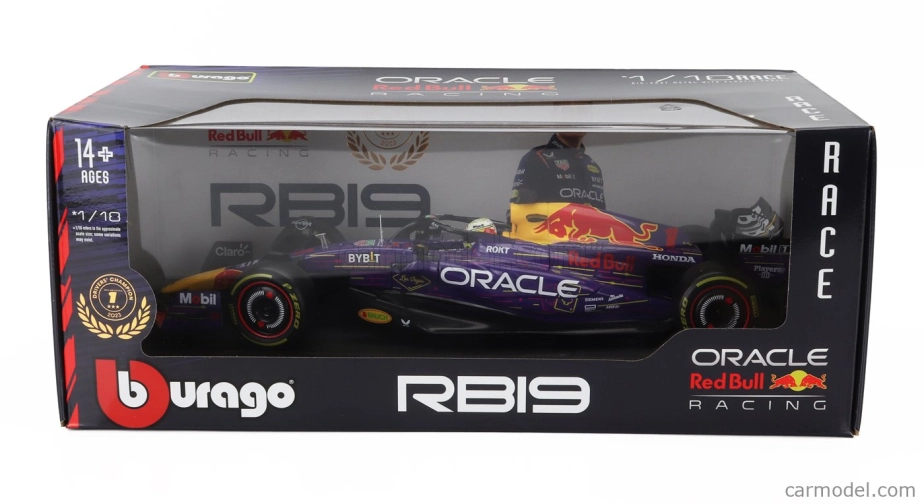ROZBALENO - Bburago Red bull F1 Rb19 Team Oracle Red Bull Racing N 1 World Champion Winner Las Vegas Usa Gp 2023 Max Verstappen 1:18 Fialová Žlutá Červená