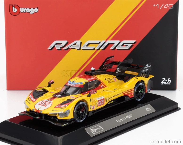 Bburago Ferrari 499p 3.0l Turbo V6 Team Af Corse N 83 24h Le Mans 2024 Robert Kubica – Robert Shwartzman – Yifei Ye – With Showcase 1:43 žltá červená