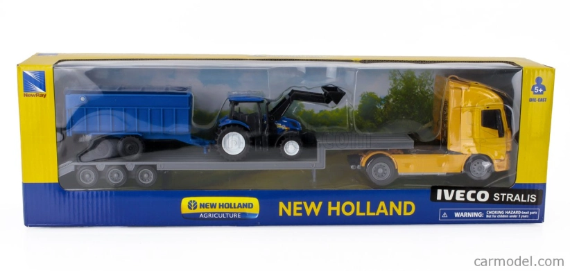 Newray Iveco fiat Stralis 540 Truck Pianale 2009 With New Holland T6.175 Tractor + Trailer 1:43 Žlutá Modrá Černá