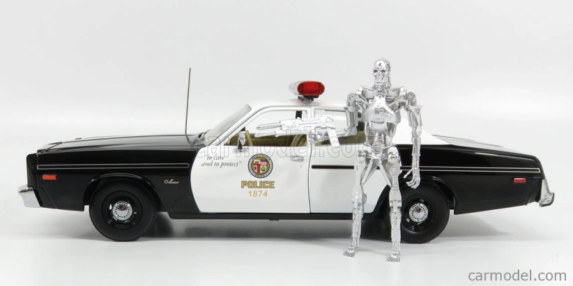 Greenlight Dodge Monaco Police 1977 s figúrkou T-800 - Terminátor 1 1984 1:18 Black White
