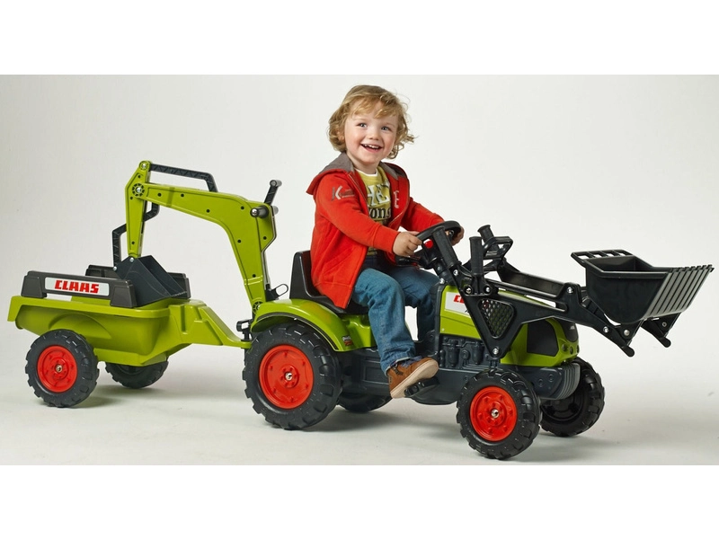 FALK – Šliapací traktor Claas Arion 410 s nakladačom, rýpadlom a vlečkou