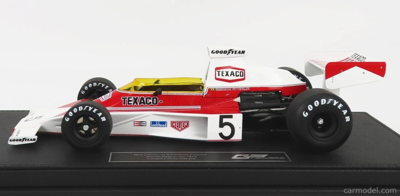 Gp-repliky Mclaren F1 M23 Ford Texaco N 5 Víťaz belgických pretekov Emerson Fittipaldi 1974 Majster sveta 1:18 Červená biela