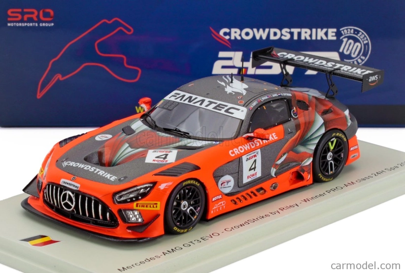 Spark-model Mercedes Benz Amg Gt3 Evo 6.2l V8 Team Crowdstrike Riley N 4 Winner Pro-am Class 24h Spa 2024 George Kurtz - Ian James - Nicky Catsburg - Colin Braun 1:43 Orange Grey
