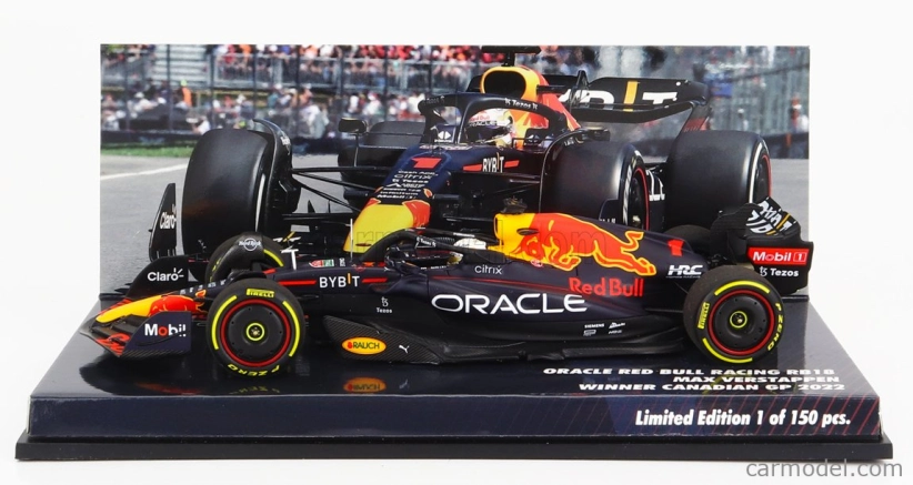Minichamps Red bull F1 Rb18 Team Oracle Red Bull Racing N 1 Winner Canadian Gp World Champion 2022 Max Verstappen 1:43 Matná modrá žltá červená