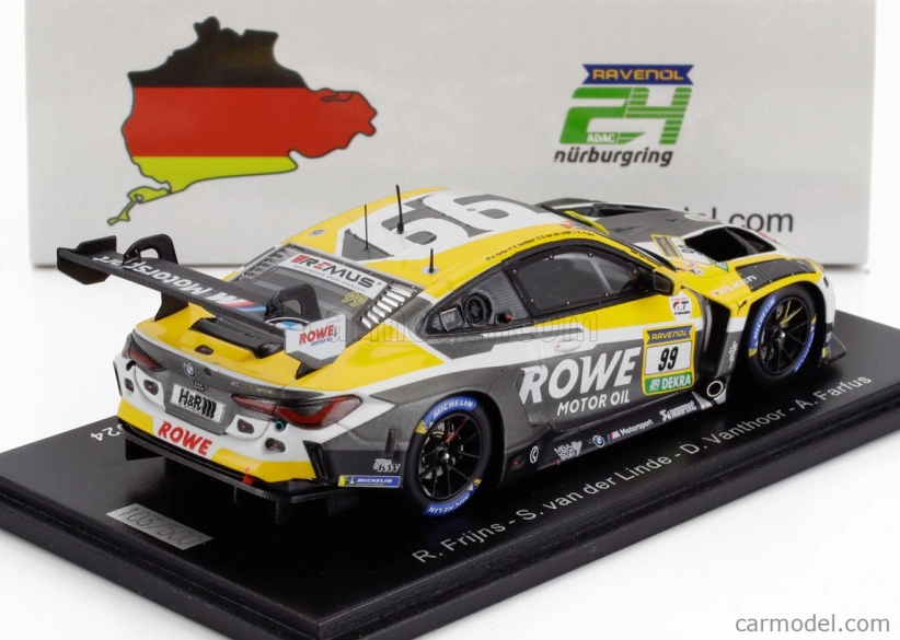 Spark-model BMW radu 4 M4 Gt3 Team Rowe Racing N 99 24h Nurburgring 2024 R.frijns - S.van Der Linde - D.vanthoor - A.farfus 1:43 Sivá Žltá Biela
