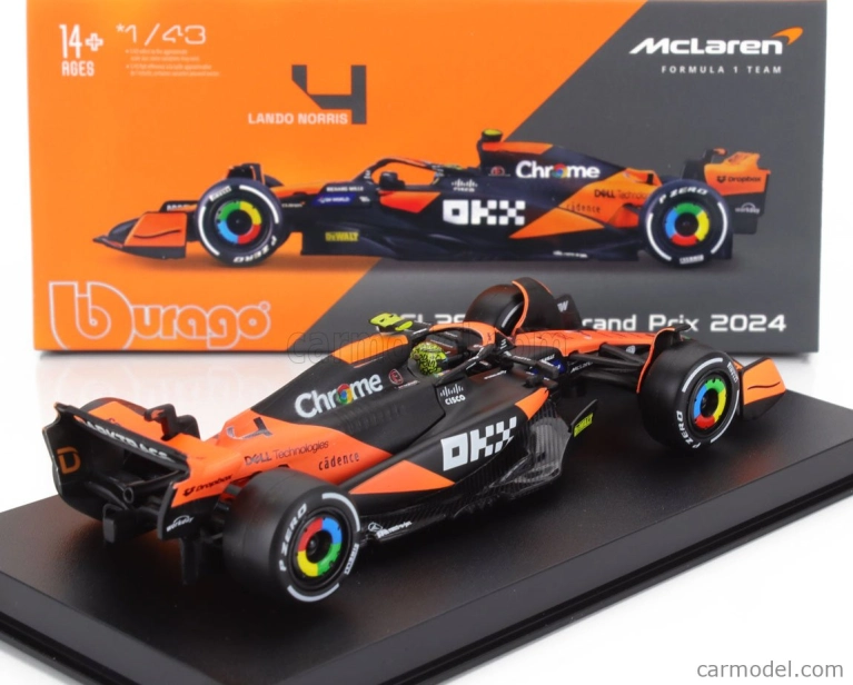 Bburago Mclaren F1  Mcl38 Team Mclaren N 4 Winner Miami Gp 2024 First F1 Victory Lando Norris - With Pilot And Showcase 1:43 Oranžová Černá