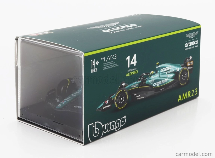 Bburago Aston martin F1 Amr23 Team Aramco Cognizant N 14 Season 2023 Fernando Alonso – With Pilot And Showcase 1:43 zelená