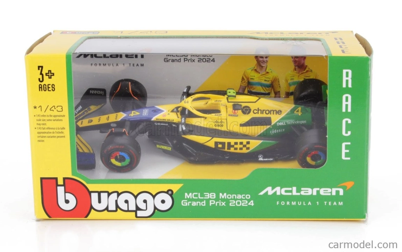 Bburago Mclaren F1  Mcl38 Team Mclaren N 4 4th Monaco Gp (senna 30th Anniversary) 2024 Lando Norris 1:43 Žlutá Zelená Černá