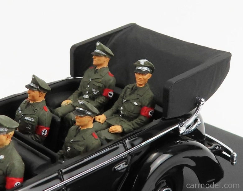 Rio-models Mercedes benz 770k Parade Cabriolet Open 1938 With Figures Adolf Hitler - Hermann Göring - Heinrich Himmler - Reinard Heydrich - Joseph Goebbels - Ss Driver Erich Kempka 1:43 Military Black
