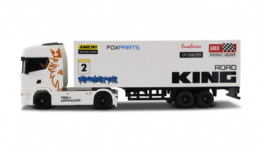 RC licencovaná Scania 730 S s návesom, GYRO, driftovacia, proporcionálny pohon 4x4, 1:64 RTR, biela